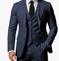 Slim fit three-piece navy blue business suit featuring blazer, vest, and trousers - Navy Blue