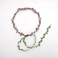 Handmade flower crown with pink roses and green leaves on a brown woven vine headband - Pink