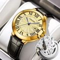 Men's gold mechanical watch with black leather strap and visible movement detail - Black Leather Gold Dial