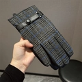 Men's winter grey plaid wool gloves with black leather palm and adjustable wrist strap - S075 Black Blue Plaid With Leather Buckle