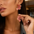 Elegant pink tulip pearl earrings featuring floral petals with gold plated edges - ER1294-Pink Enamel Flower