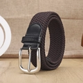 Dark brown braided elastic belt with black leather accents and silver buckle - Silver Buckle Brown