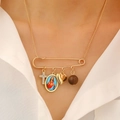 Vintage gold pin necklace with cross, heart, and religious icon charms on a model - 02 KC Gold (0178)
