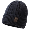 Dark blue winter beanie with cable knit pattern and brown leather label for men - One Size / Dark Gray