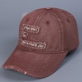 Close-up view of a distressed burgundy denim baseball cap featuring white letter embroidery - M (56-58cm) / Burgundy
