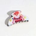 Detail showing cartoon Santa Claus print on acrylic hair claw clip with silver metal teeth - White Small Semicircle