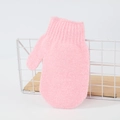 Pink exfoliating bath glove in a white wire basket for gentle body scrub skincare - Mitten Style / Pink