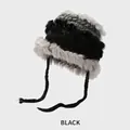 Winter knitted rabbit fur hat with black and grey patchwork and earflaps for women - M (54-58cm) / Black