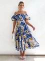 Abito a fiori con spalle scoperte e maniche a sbuffo con stampa blu e gialla - Floreale blu ghiaccio