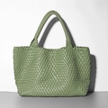 Grass green woven leather tote bag featuring a luxury fashion braided carry handle - Grass Green