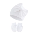 Close-up of soft white knitted newborn hat with bow and matching anti-scratch mittens - White