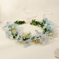 Floral hair wreath with blue flowers and pink ribbons for forest style vacations - Blue & Pink Style (HS-J7315LB)