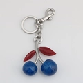 Blue glitter cherry keychain with red leaves and silver metal hook for bags - Blue Large and Small Cherry with Matte Silver