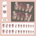 Pink gradient press-on nails with 3D white camellia flowers and purple rhombus rhinestones - Milky White Camellia (Z526)