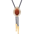 Vintage gold bolo tie with oval brown sandstone and engraved metal tips on black leather cord - 23 (Gold with Goldstone)