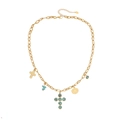 Collana a catena dorata con ciondoli a croce cuore turchese e dettagli di pendenti - Stile Croce e Turchese (1#)