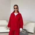 Completo vintage da donna in pile rosso con felpa a mezza zip e pantaloni sportivi - S / Rosso