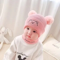 Pink baby winter knitted beanie with double pompoms and matching neck warmer set - One Size / Bear Style / Pink