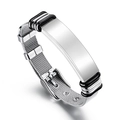 Detailed shot of the silver mesh strap and rectangular ID plate on a stainless steel bracelet - Silver Mesh Band Silver Case