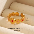 Golden stainless steel sunburst open ring featuring pink enamel circle charms - Sun Pattern Radial Enamel Style (1107)