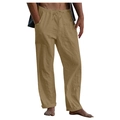 Men's khaki linen trousers featuring an elastic drawstring waist and large side pockets - M / Ginger Yellow