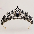 Macro detail of luxury gold bridal crown featuring vintage black crystal flower embellishments - Gold/Dense Black Rhinestone