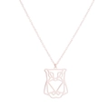 Close-up of minimalist rose gold origami owl pendant on a delicate chain necklace - Owl / Rose Gold