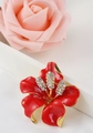Elegant red enamel rose brooch with gold trim and sparkling crystal rhinestones - Red Flower Rhinestone Center