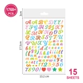 Detail view of 15 sheets colorful alphabet stickers set with size measurements 13.2x17.5cm - Handwritten Alphabet Candy Color (P92)