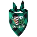 Detail of green buffalo plaid cotton pet bandana with My 1st Christmas deer print - Green & Black Reindeer