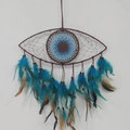 Blue and brown Evil Eye dreamcatcher with woven web and natural feathers decoration - Dark Coffee Evil Eye
