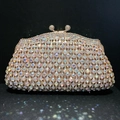 Luxury iridescent crystal evening clutch bag with gold metal frame and ball clasp - Gold AB