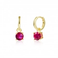 Eleganti orecchini a cerchio in argento S925 dorato con zirconi rossi tondi a 4 griffe - Ciondolo con Pietra Rossa Sfaccettata Rotonda / Oro/Rosso