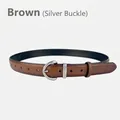Brown crocodile embossed leather belt for women with a silver circular metal buckle - Tan (Silver Buckle) (31782)