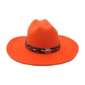 Bright orange wide brim wool felt jazz fedora hat with metal lion head buckle and ribbon - Orange
