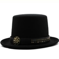 Classic black wool felt top hat with punk style leather band and floral metal buckle - M(56-58cm) / Leather Studded Decor Style (05) / Black