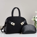 Minimalist black tote bag set with woven texture and gold metal hardware for women - Black