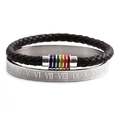 Herren Armbandset mit Lederband, Regenbogenperlen und Edelstahlreif mit römischen Ziffern - Braunes Lederseil-Set