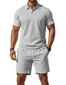 Men's grey casual summer set featuring short sleeve polo shirt and drawstring shorts - S / Light Gray