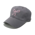 Close-up of pink ribbon bow embroidery on dark gray cotton twill baseball cap fabric - M (56-58cm) / Gray
