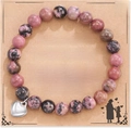 Pink and black rhodonite beaded bracelet with silver heart charm on a gift card - Rhodonite + Grandma Card