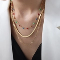 Three-layer golden necklace set with multicolor enamel beads and flat snake chain - Gold