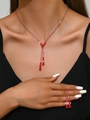 Elegant bridal jewelry set featuring a red rhinestone necklace and fringe earrings - 603 Red Necklace + Stud Earrings Set