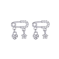 Pendientes de clip plateados con pequeños colgantes de corazón y estrella con cristales - Pendientes de Alfiler de Corazón y Estrella de Plata (5004)
