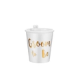 White Groom to Be ceramic party cup with gold lettering and white plastic bead chain - White-Groom to Be
