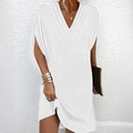 Relaxed fit white V-neck dress with batwing sleeves and layered pleated details - S / White