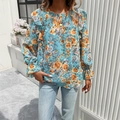 Damen Chiffonbluse mit Blumenmuster in Blaugrün, Langarm mit Rüschen und Smok-Ausschnitt - S / Blau