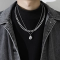 Men's double-layered silver cuban chain necklace with gothic letter pendant - Letter G (Double Chain + Pendant)