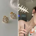 Elegant white camellia flower earrings with pearls and gold trim for women - Classic White Camellia