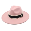 Close-up of pink wool felt fedora with a black ribbon and white pearl bead accents - M (56-58cm) / Dusky Pink